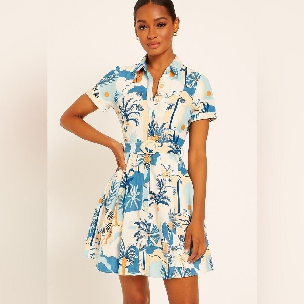 Nicole Miller Blue and Cream Tropical Print Mini Dress